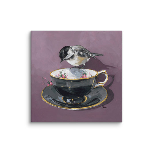 Proud Chickadee reading the tea leaves — 10x10 canvas print by Birds on a cup