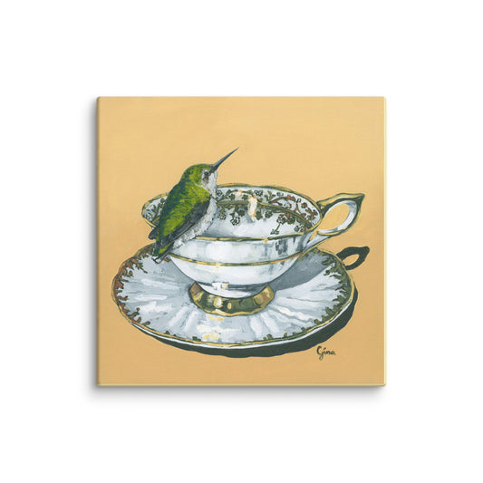 Green hummingbird on a gold rimmed teacup — 10x10 canvas print by Birds on a Cup