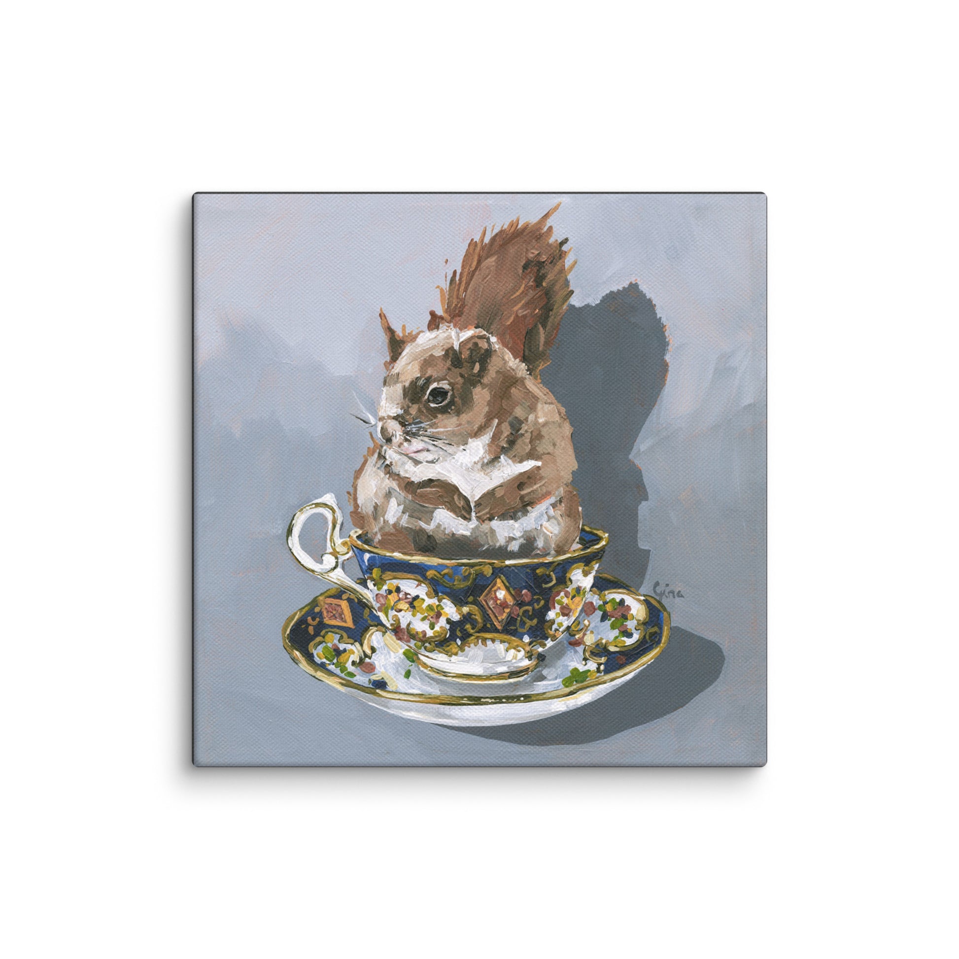 Squirrel tucked into a teacup — 10x10 canvas print by Birds on a Cup