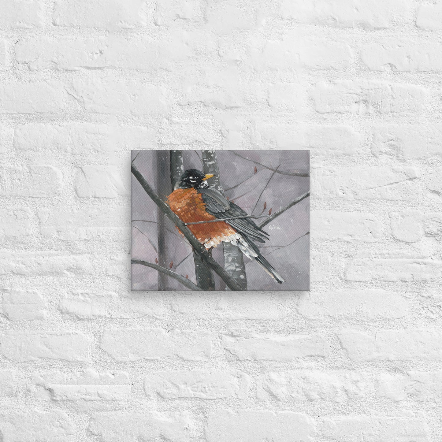 Robin on a wintery day — 14x11 canvas print by Birds on a Cup