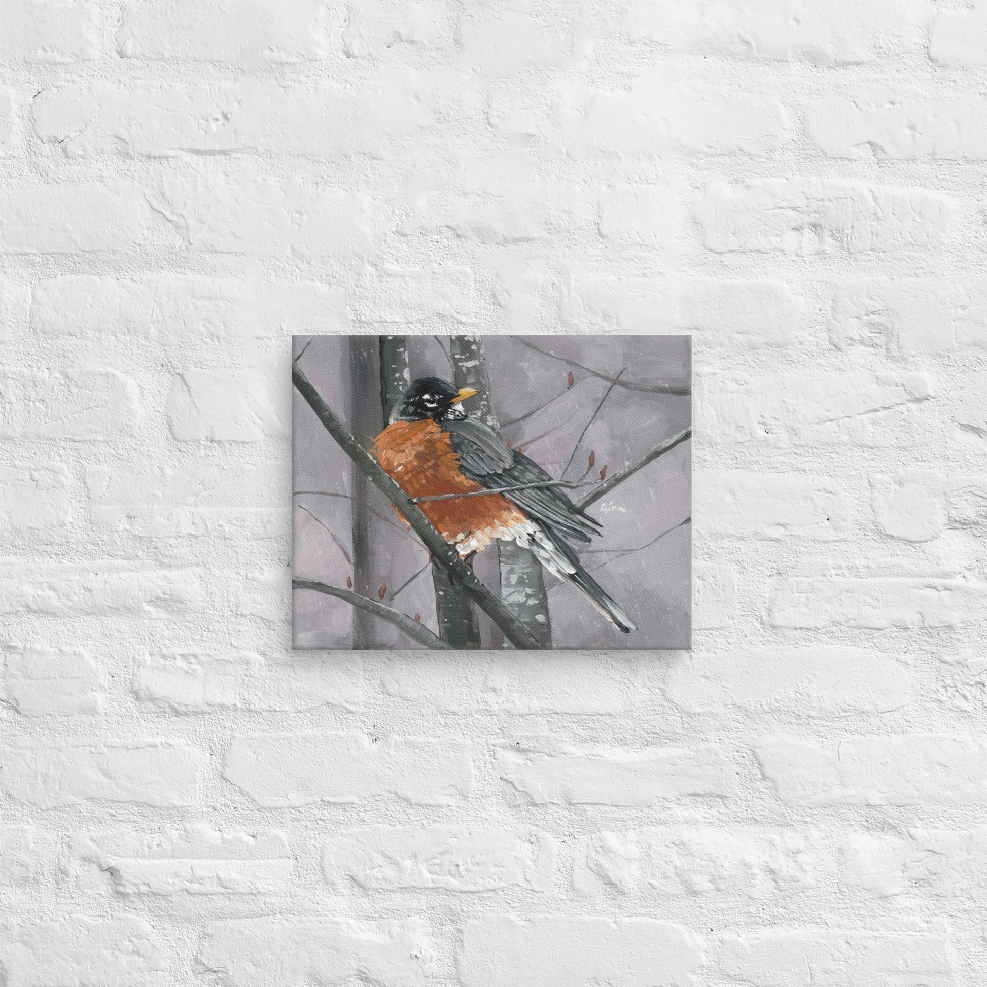 Robin on a wintery day — 14x11 canvas print by Birds on a Cup