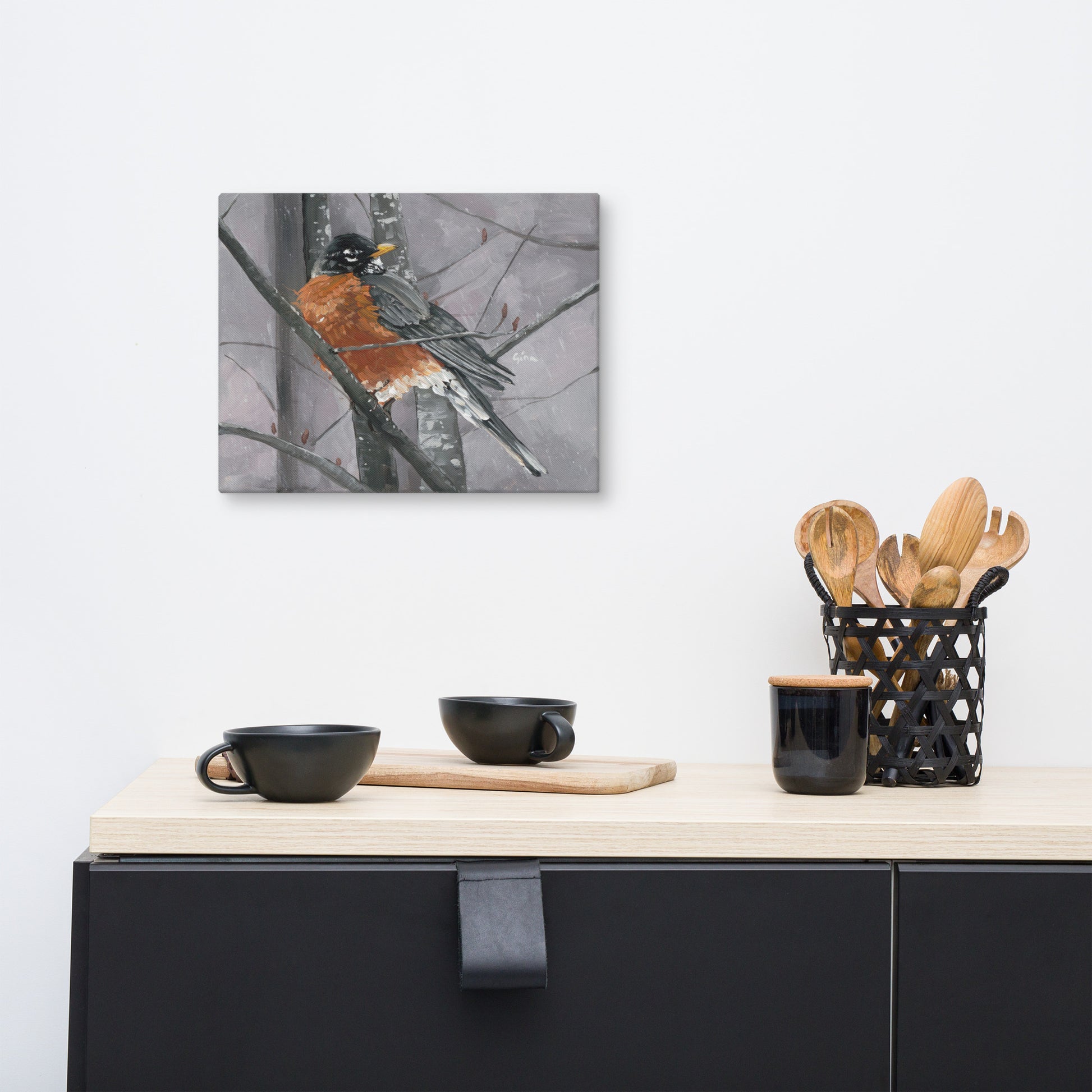 Robin on a wintery day — 14x11 canvas print by Birds on a Cup