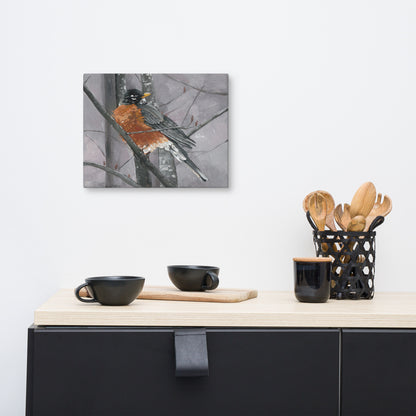 Robin on a wintery day — 14x11 canvas print by Birds on a Cup