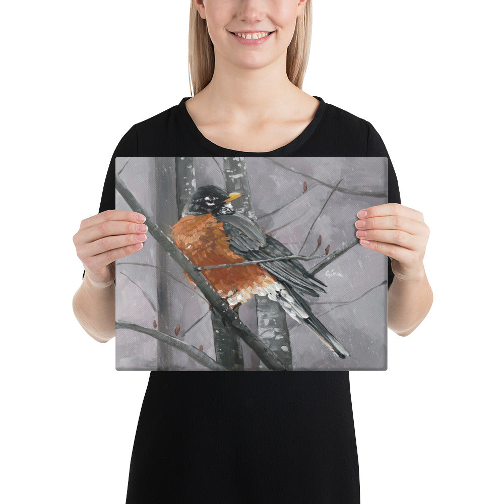 Robin on a wintery day — 14x11 canvas print by Birds on a Cup