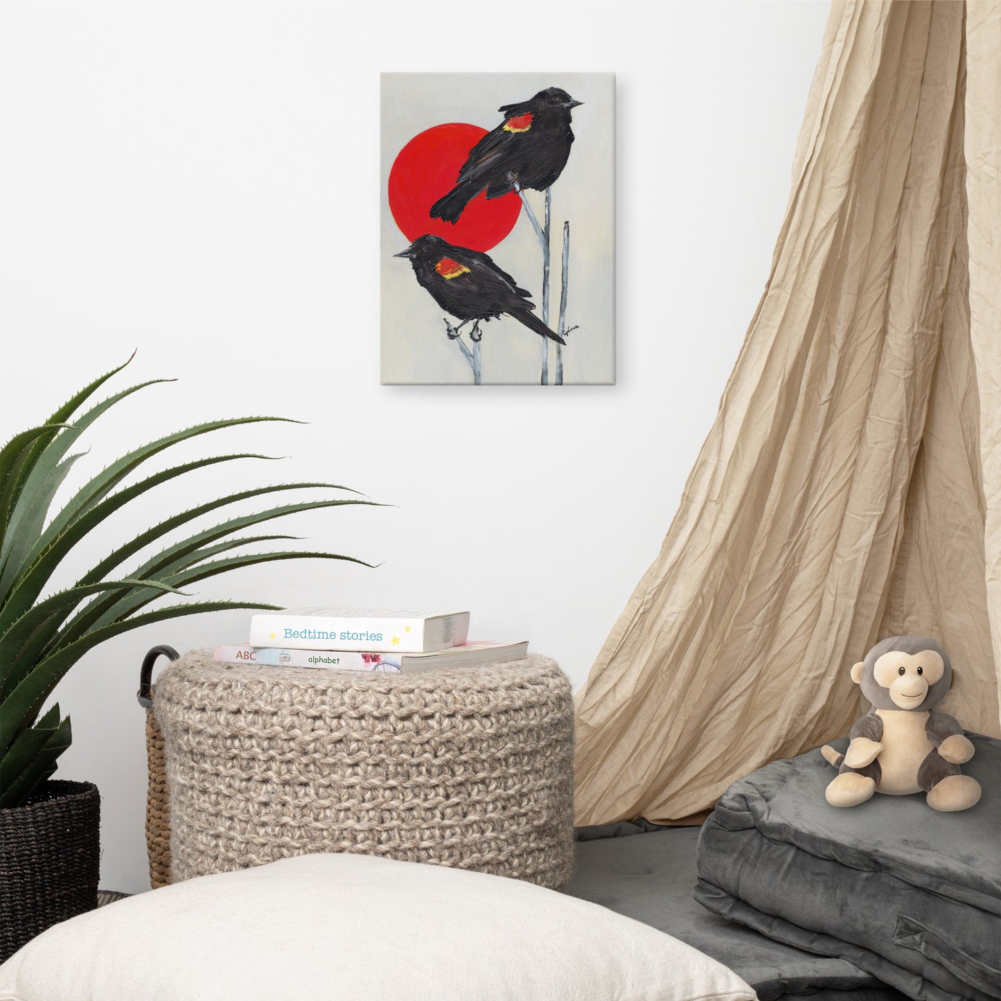 Red-winged blackbirds basking in the sun — 9x12 and 12x16 canvas print by Birds on a Cup