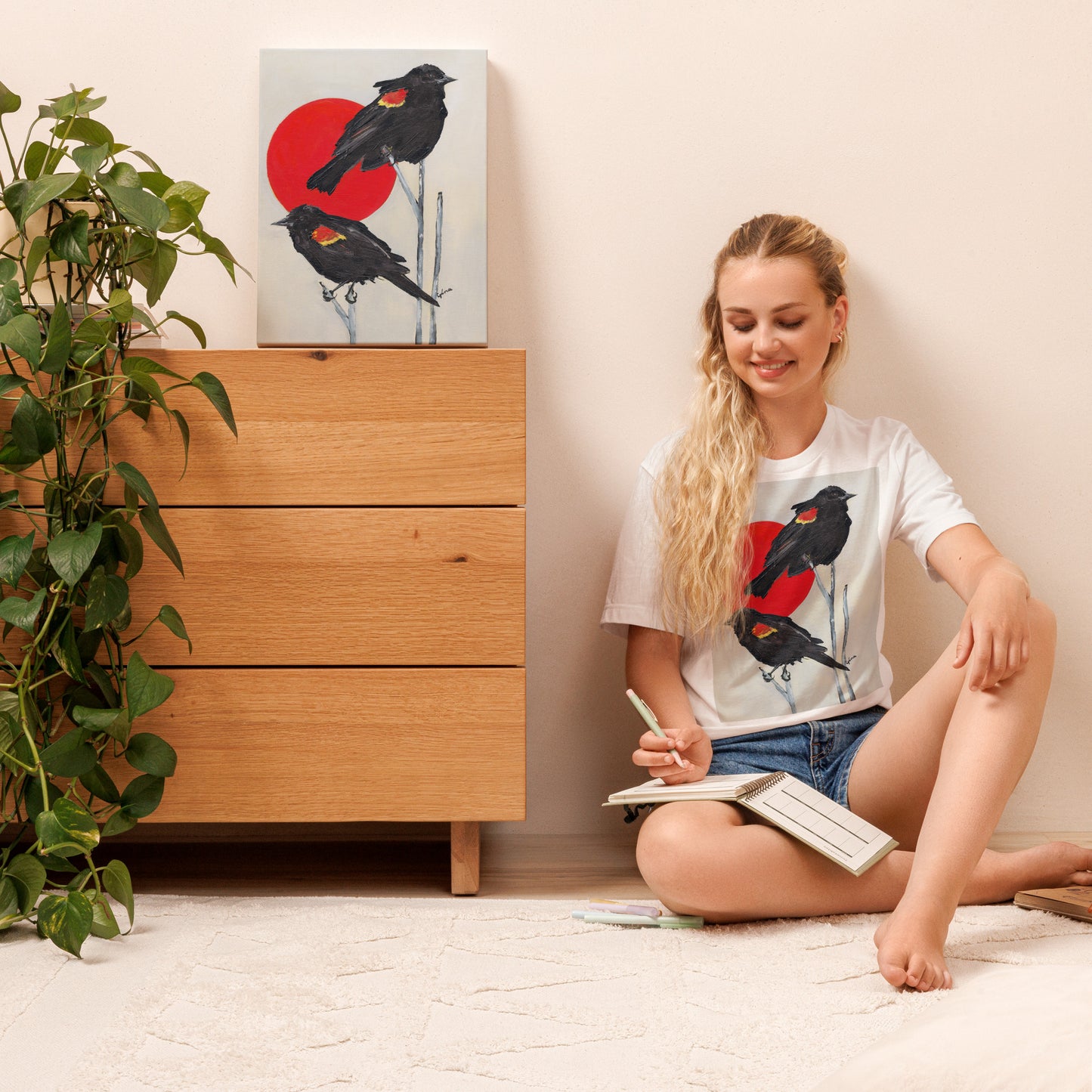 Red-winged blackbirds basking in the sun — 9x12 and 12x16 canvas print by Birds on a Cup