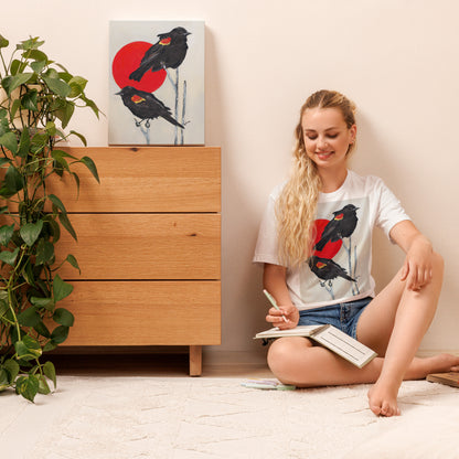 Red-winged blackbirds basking in the sun — 9x12 and 12x16 canvas print by Birds on a Cup