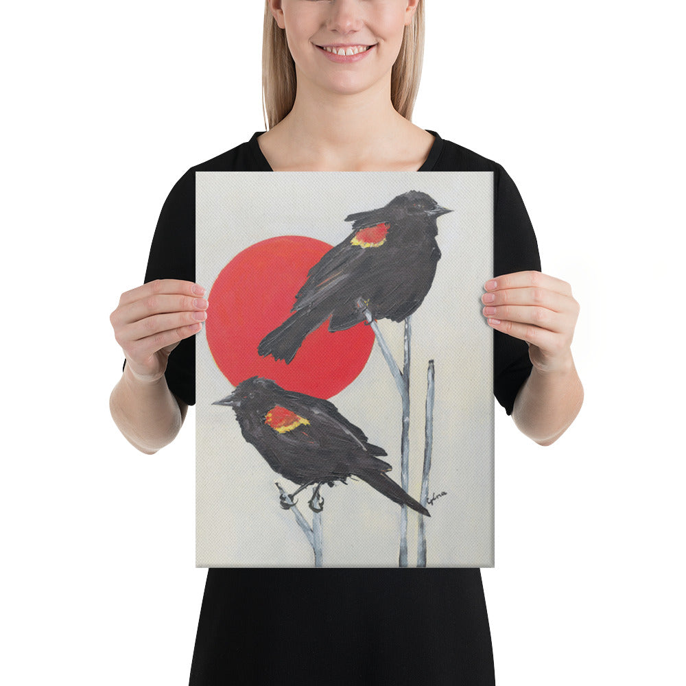 Red-winged blackbirds basking in the sun — 9x12 and 12x16 canvas print by Birds on a Cup