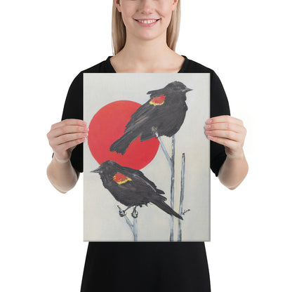 Red-winged blackbirds basking in the sun — 9x12 and 12x16 canvas print by Birds on a Cup