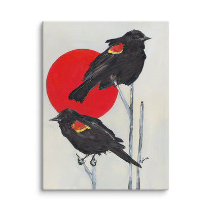 Red-winged blackbirds basking in the sun — 9x12 and 12x16 canvas print by Birds on a Cup