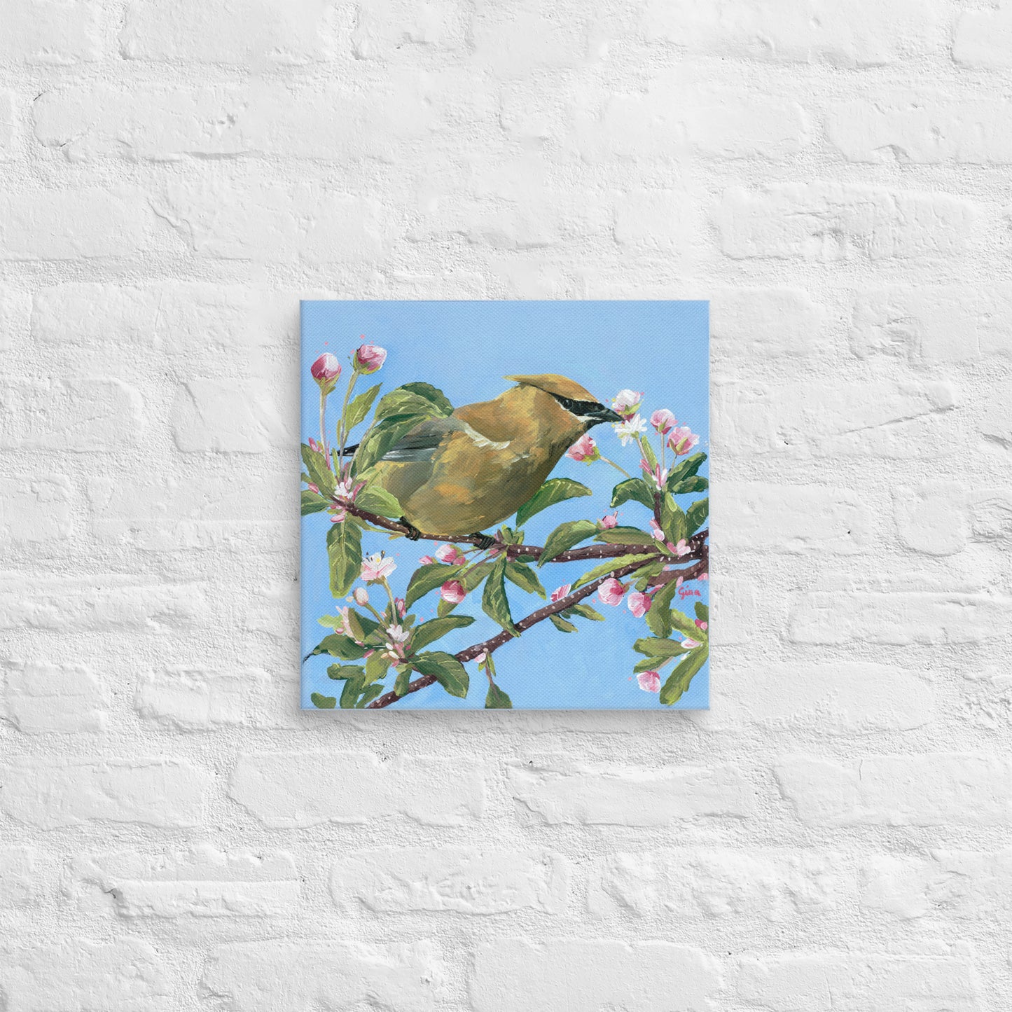 Cedar Waxwing perched among blossoms — canvas print by Birds on a Cup
