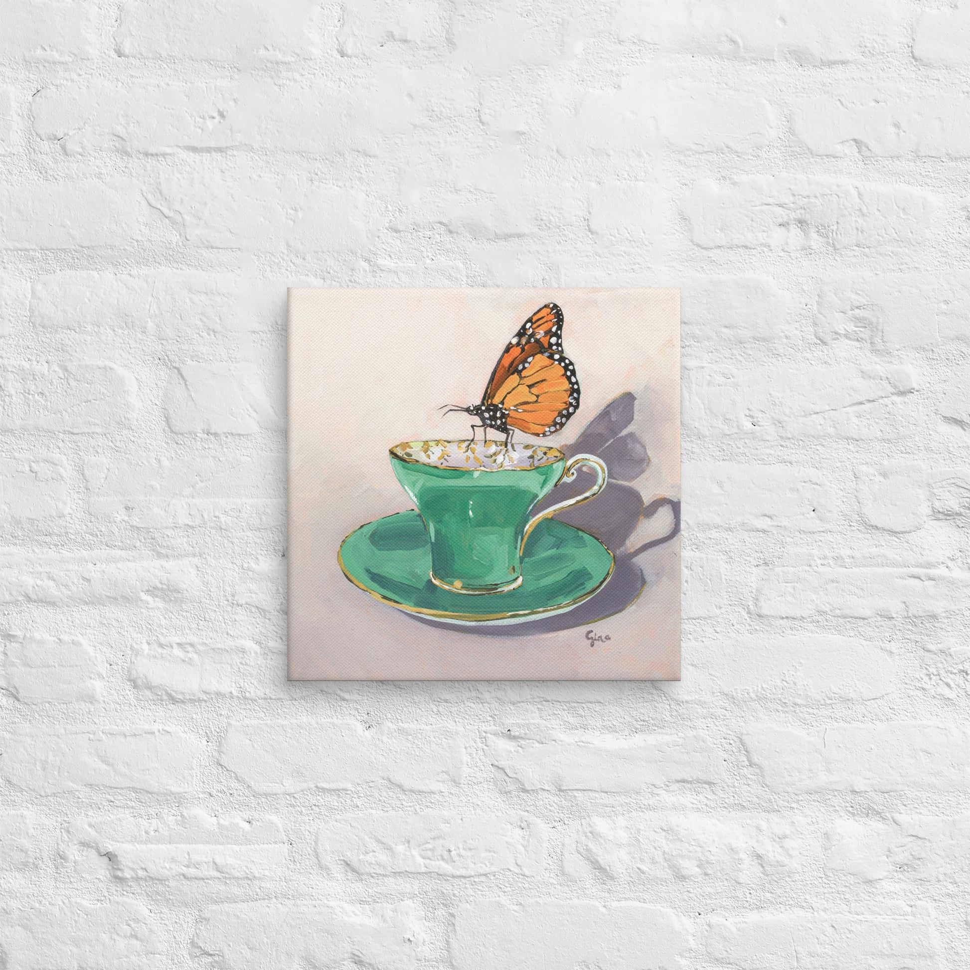 Monarch butterfly hovering over a delicate teacup — 14x14 canvas print by Birds on a Cup
