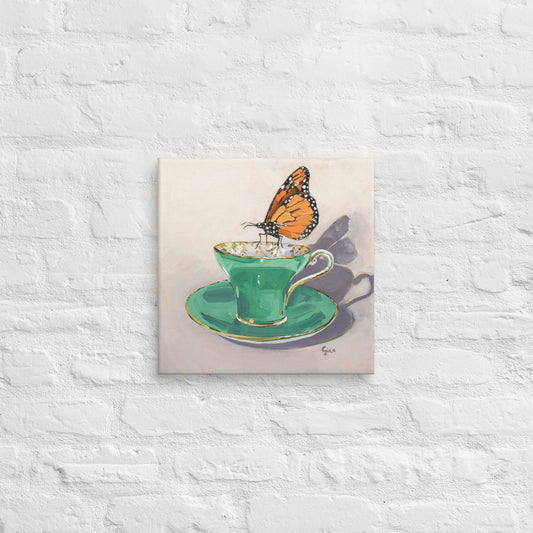 Monarch butterfly hovering over a delicate teacup — 14x14 canvas print by Birds on a Cup
