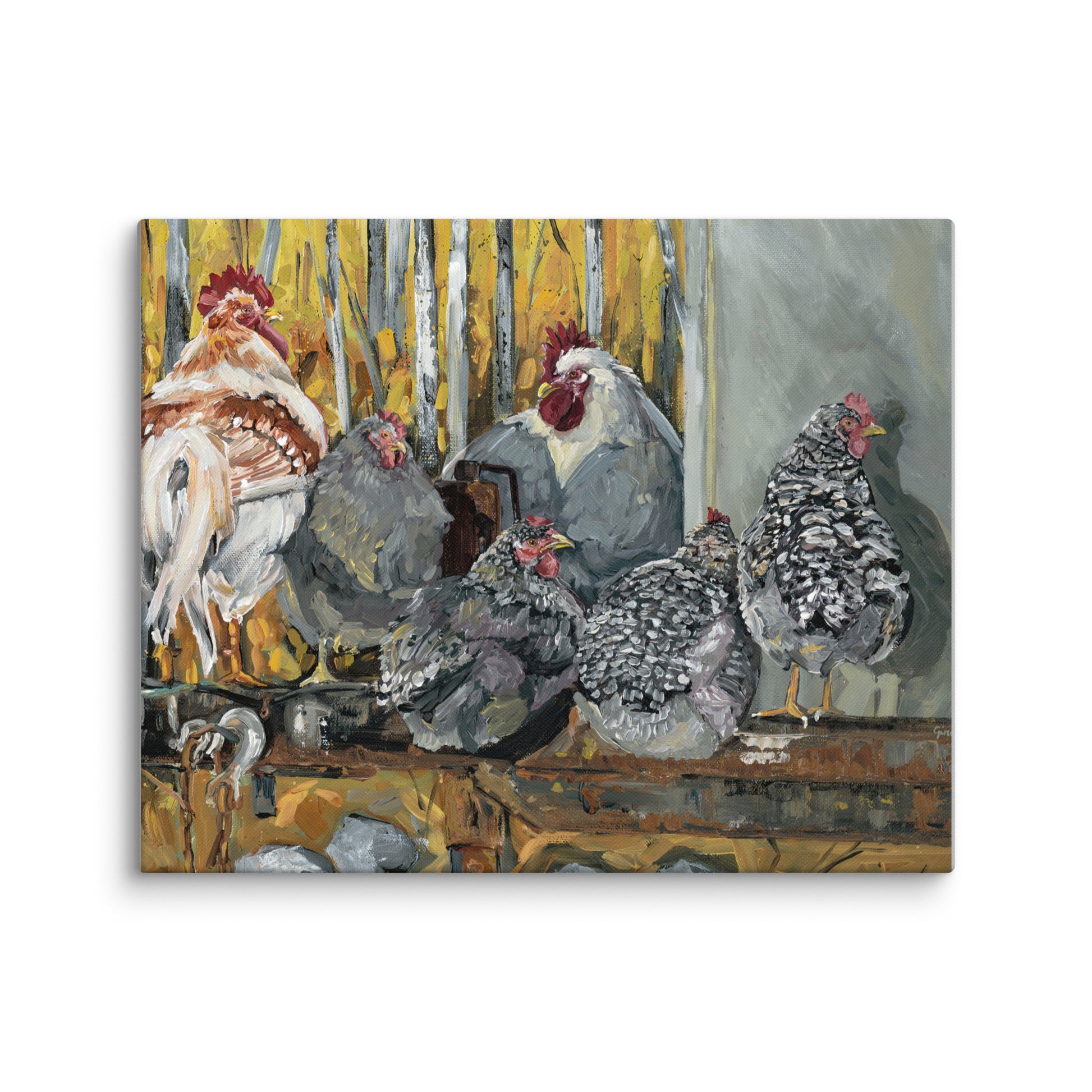 Chickens on a hitch — canvas print by Birds on a Cup

