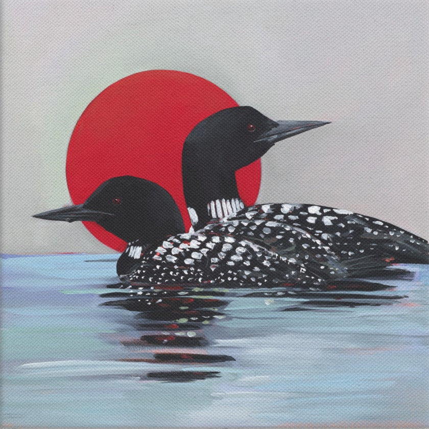 Two loons sunning on the water — canvas print by Birds on a Cup

