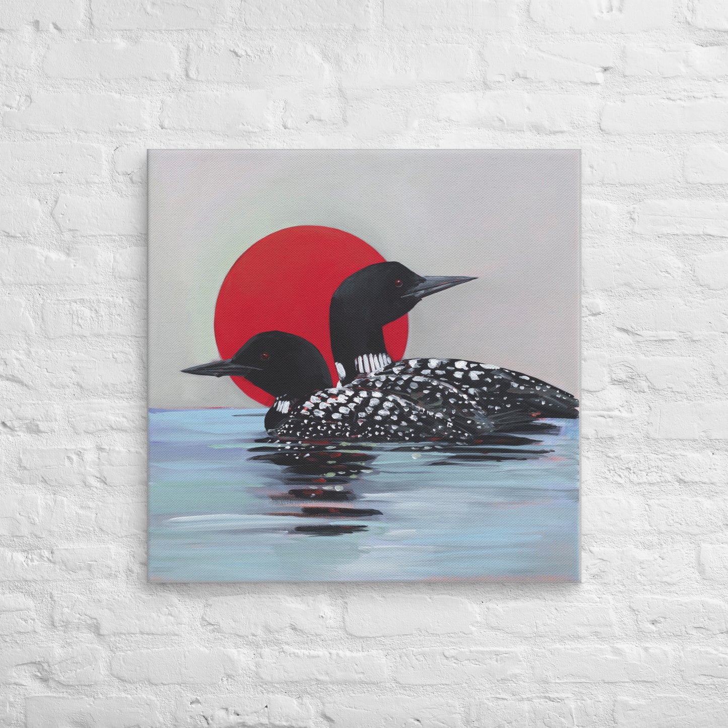 Two loons sunning on the water — canvas print by Birds on a Cup
