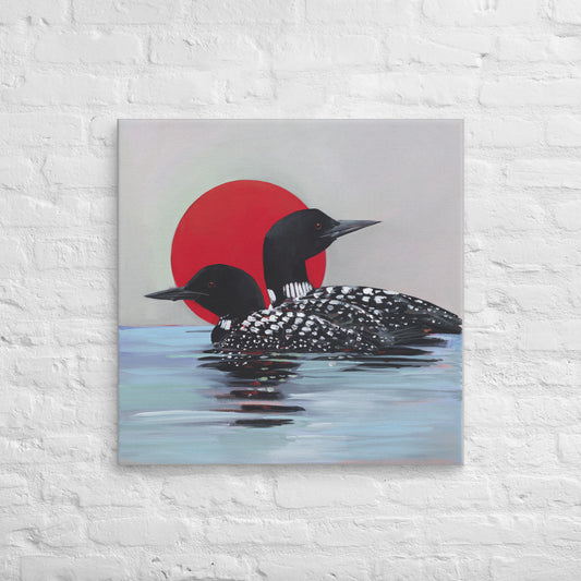 Two loons sunning on the water — canvas print by Birds on a Cup
