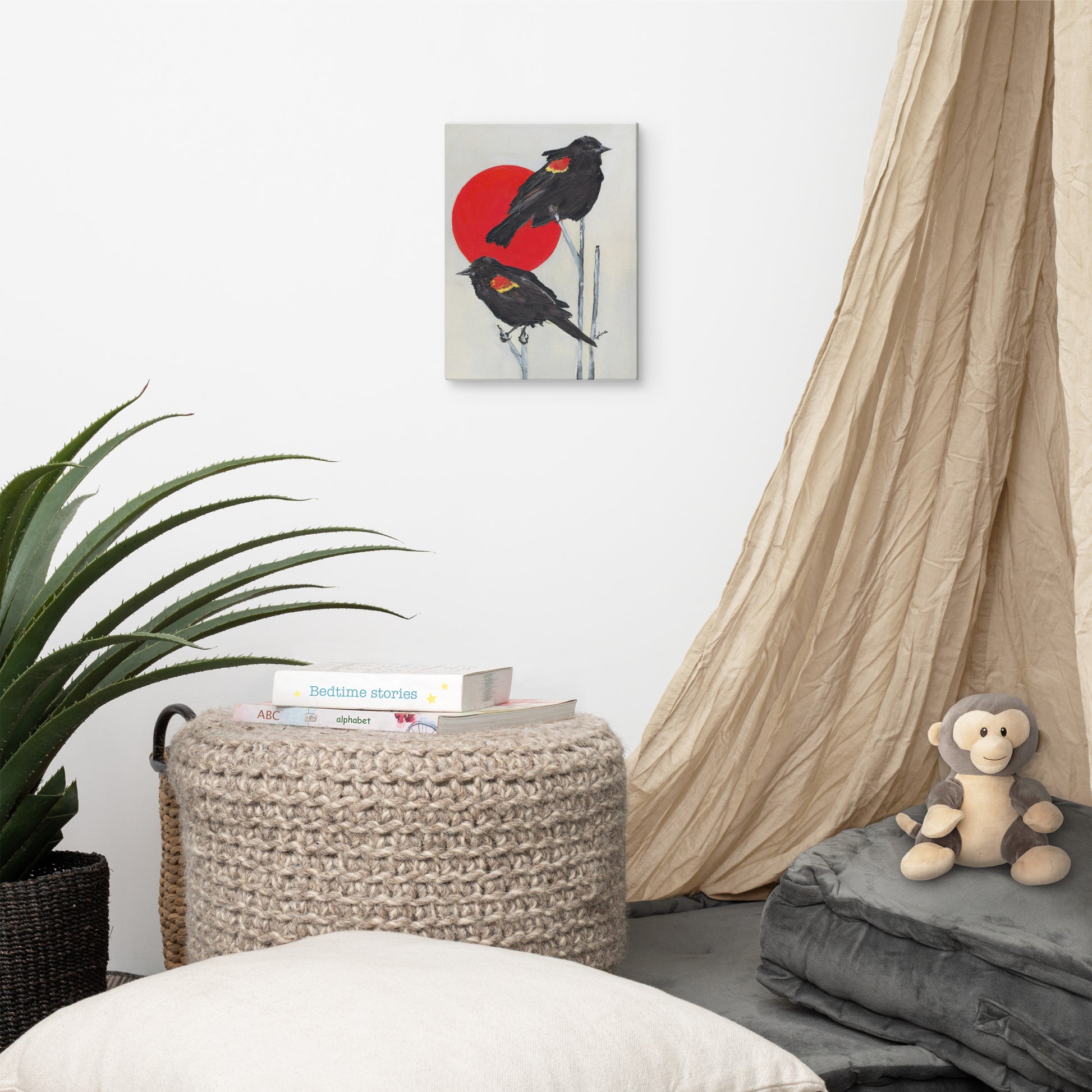Red-winged blackbirds basking in the sun — 9x12 and 12x16 canvas print by Birds on a Cup