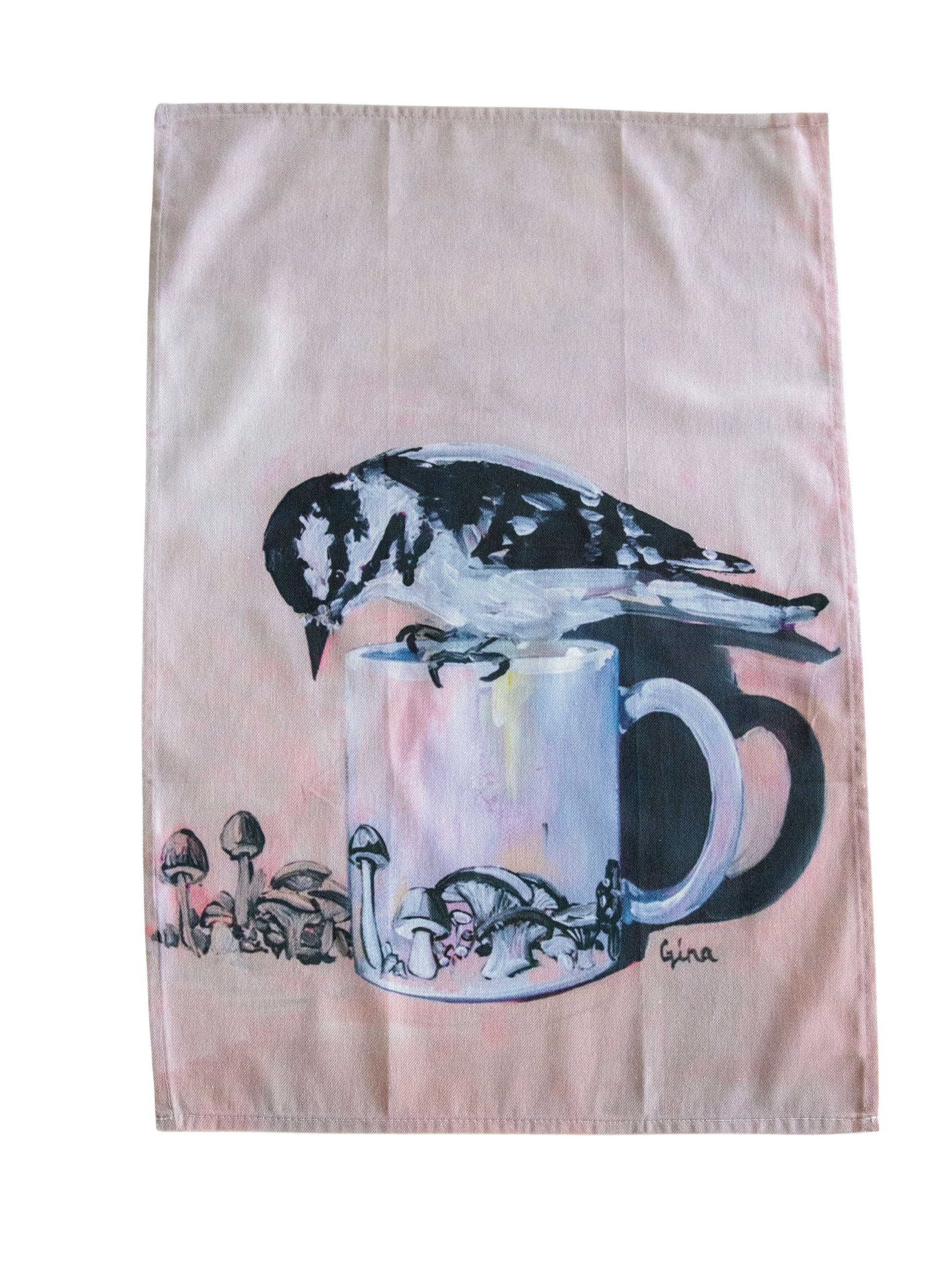 Downy Woodpecker perched on a mushroom mug — bird art tea towel by Birds on a Cup