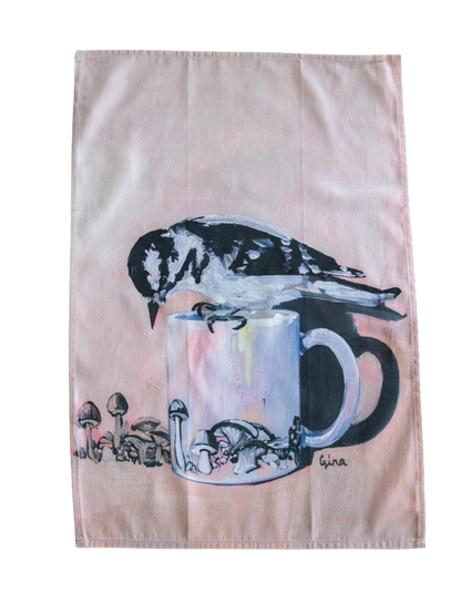 Downy Woodpecker perched on a mushroom mug — bird art tea towel by Birds on a Cup