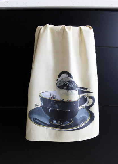 Chickadee in classic style — bird art tea towel by Birds on a Cup