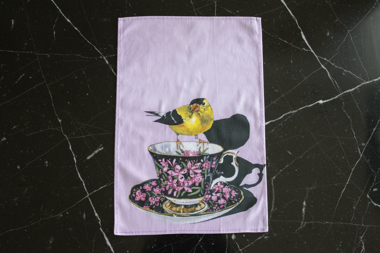 Finch perched on a floral teacup — bird art tea towel by Birds on a Cup