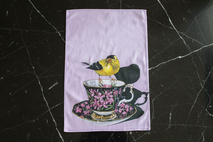 Finch perched on a floral teacup — bird art tea towel by Birds on a Cup