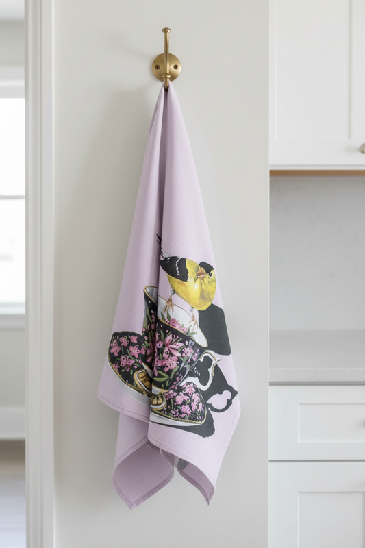 Finch perched on a floral teacup — bird art tea towel by Birds on a Cup