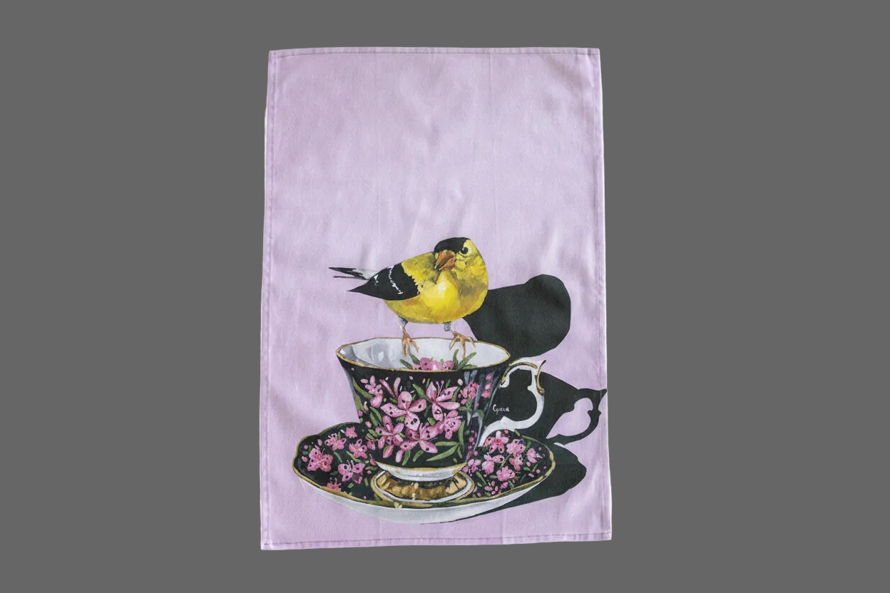 Finch perched on a floral teacup — bird art tea towel by Birds on a Cup