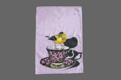 Finch perched on a floral teacup — bird art tea towel by Birds on a Cup