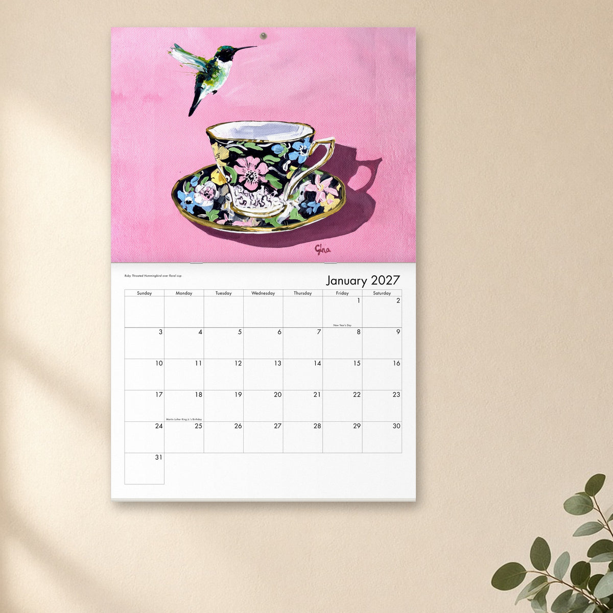 2027 Birds On A Cup Fold-Out Wall Calendar hanging open to January