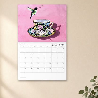 2027 Birds On A Cup Fold-Out Wall Calendar hanging open to January