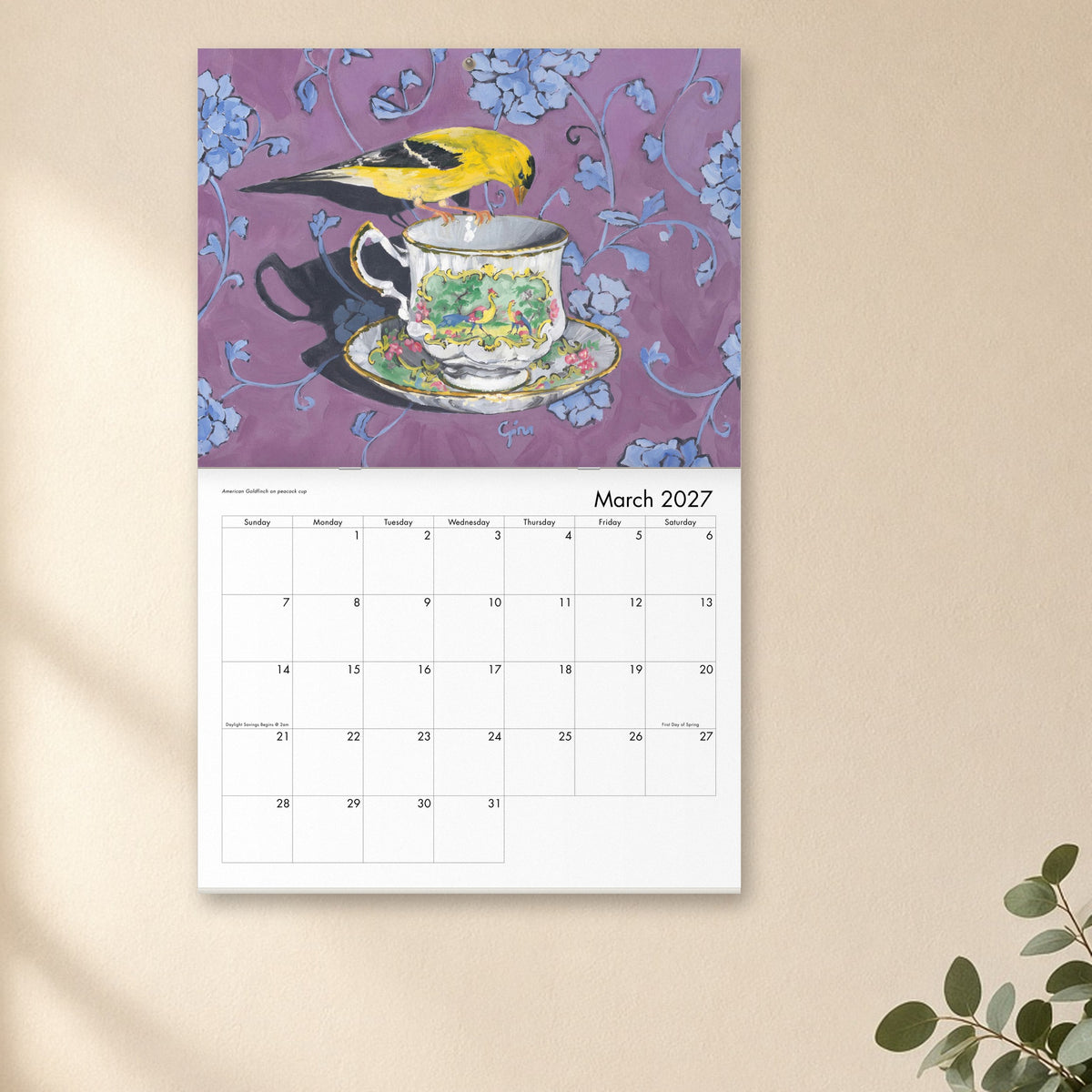 2027 Birds On A Cup Fold-Out Wall Calendar hanging open to March