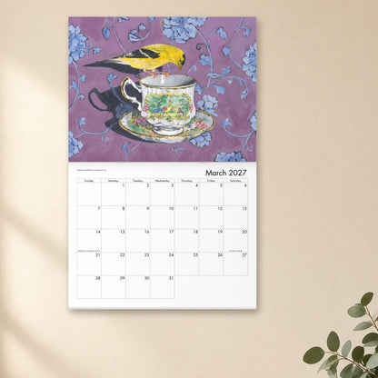 2027 Birds On A Cup Fold-Out Wall Calendar hanging open to March