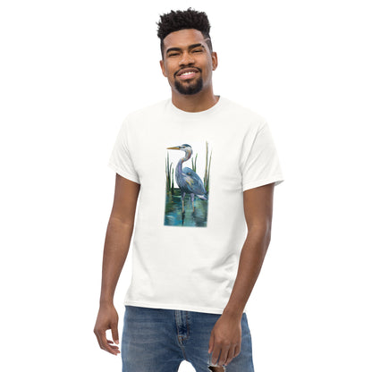 Heron in a Rush — unisex bird art t-shirt by Birds on a Cup