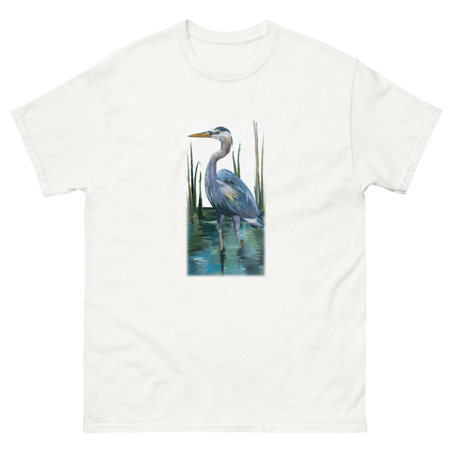 Heron in a Rush — unisex bird art t-shirt by Birds on a Cup