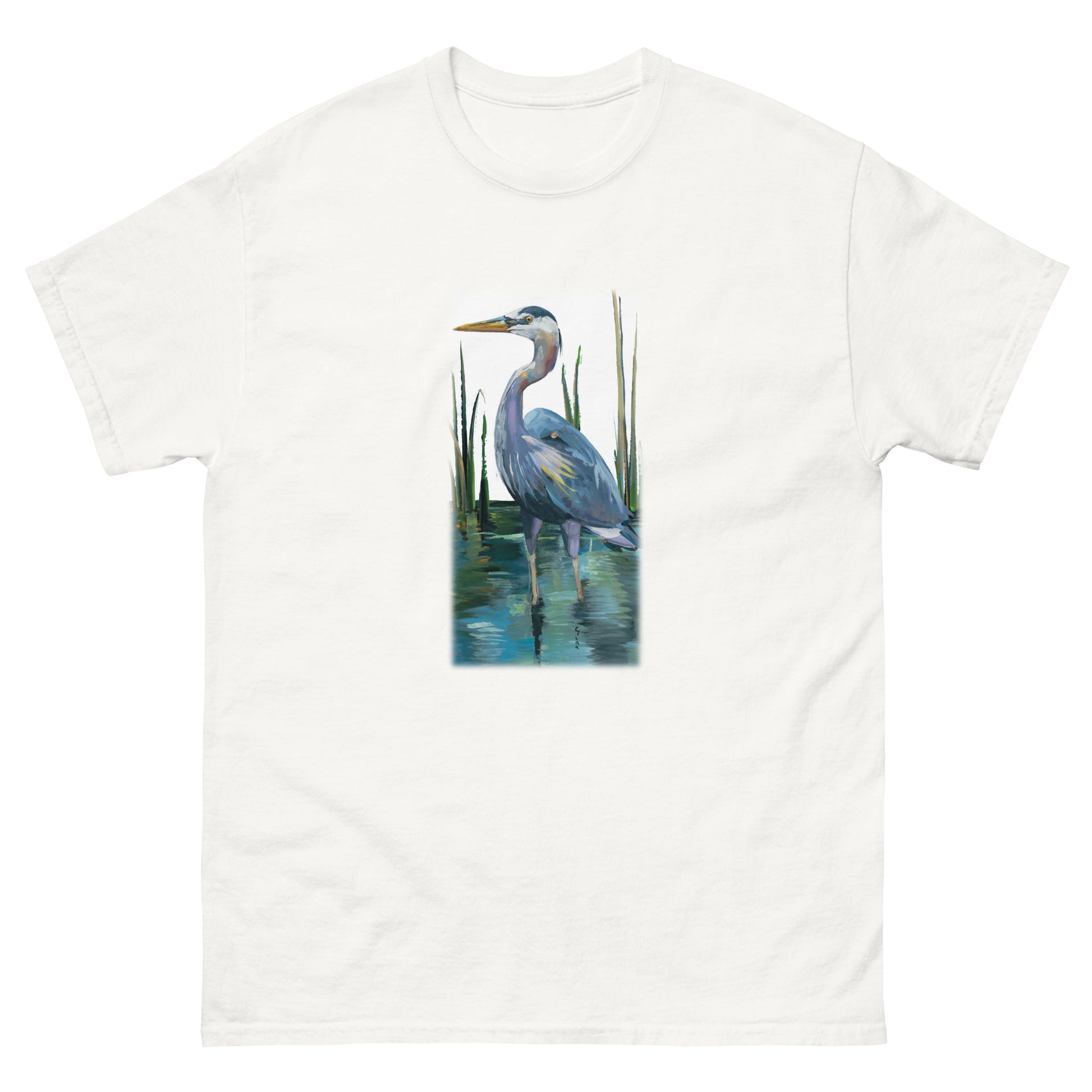 Heron in a Rush — unisex bird art t-shirt by Birds on a Cup