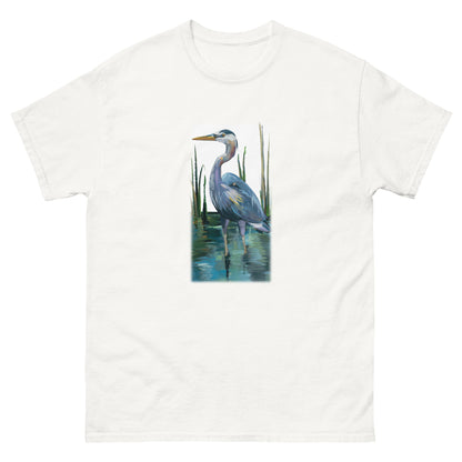 Heron in a Rush — unisex bird art t-shirt by Birds on a Cup