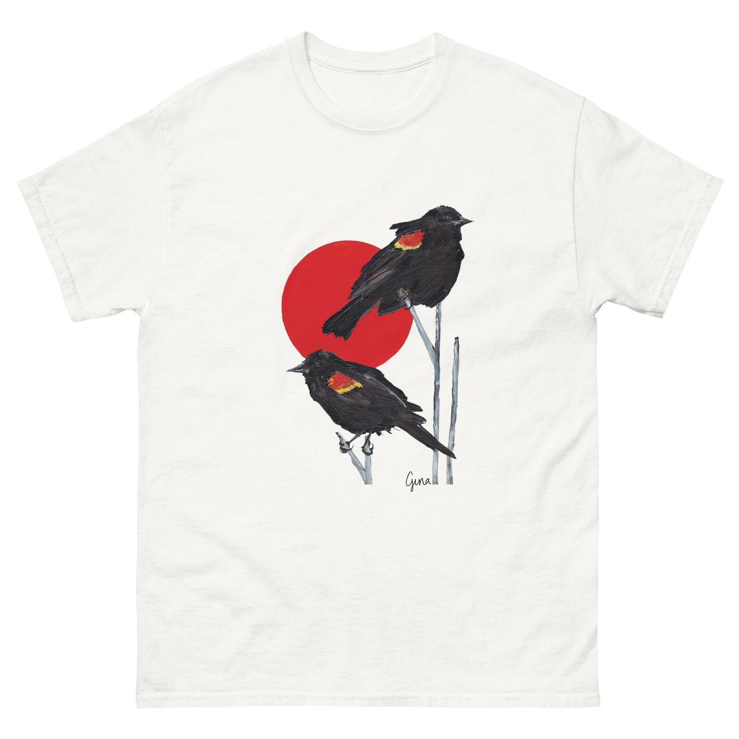Blackbirds in the sunset — unisex bird art t-shirt by Birds on a Cup