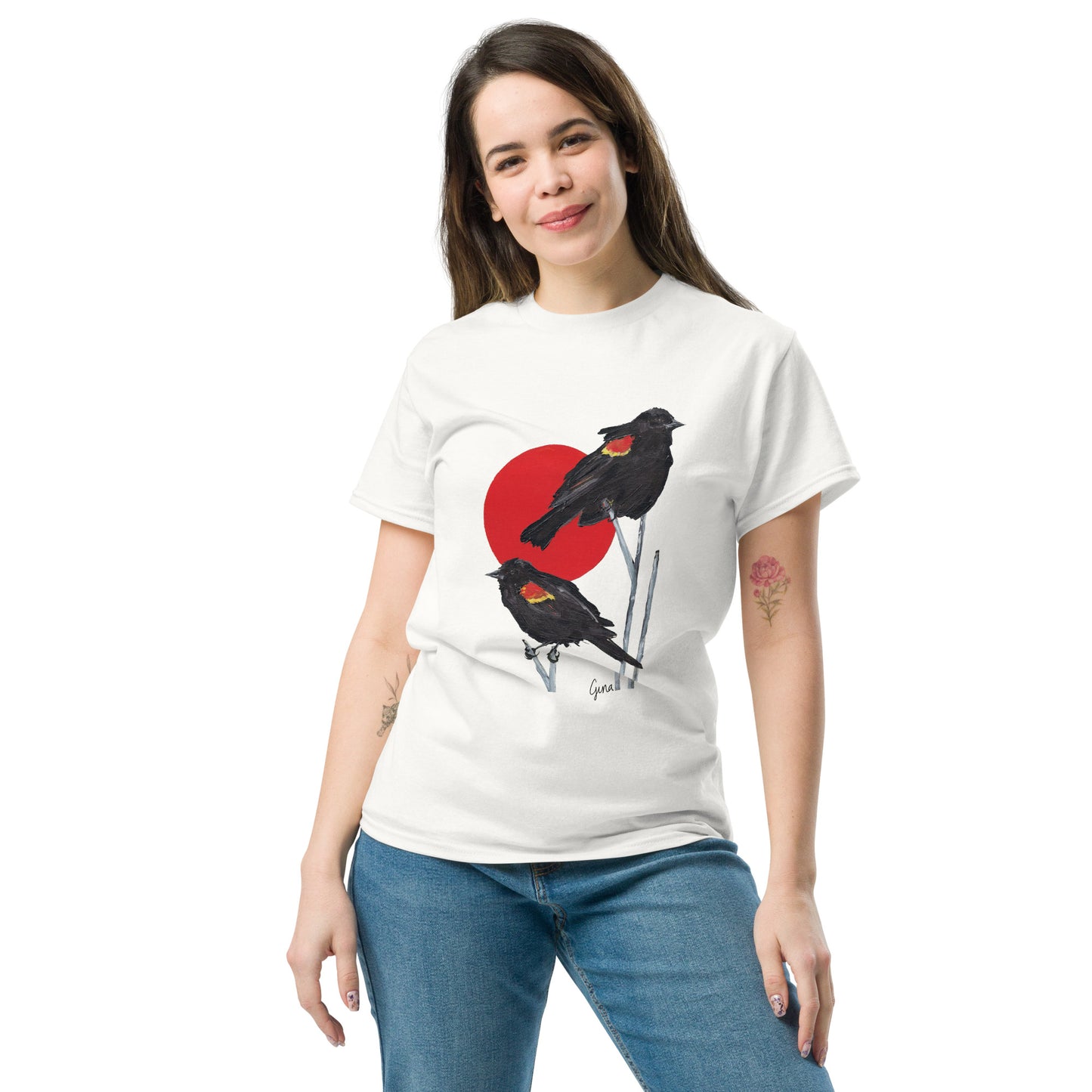 Blackbirds in the sunset — unisex bird art t-shirt by Birds on a Cup