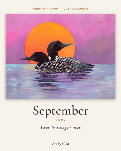 2027 Birds On A Cup Fold-Out Wall Calendar by Gina