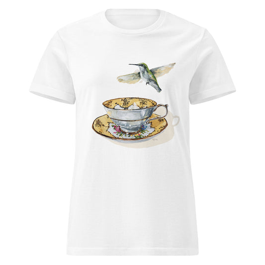 Hummingbird on a gold rimmed teacup — women's bird art t-shirt by Birds on a Cup