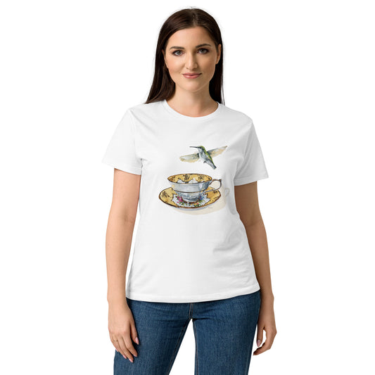 Hummingbird on a gold rimmed teacup — women's bird art t-shirt by Birds on a Cup