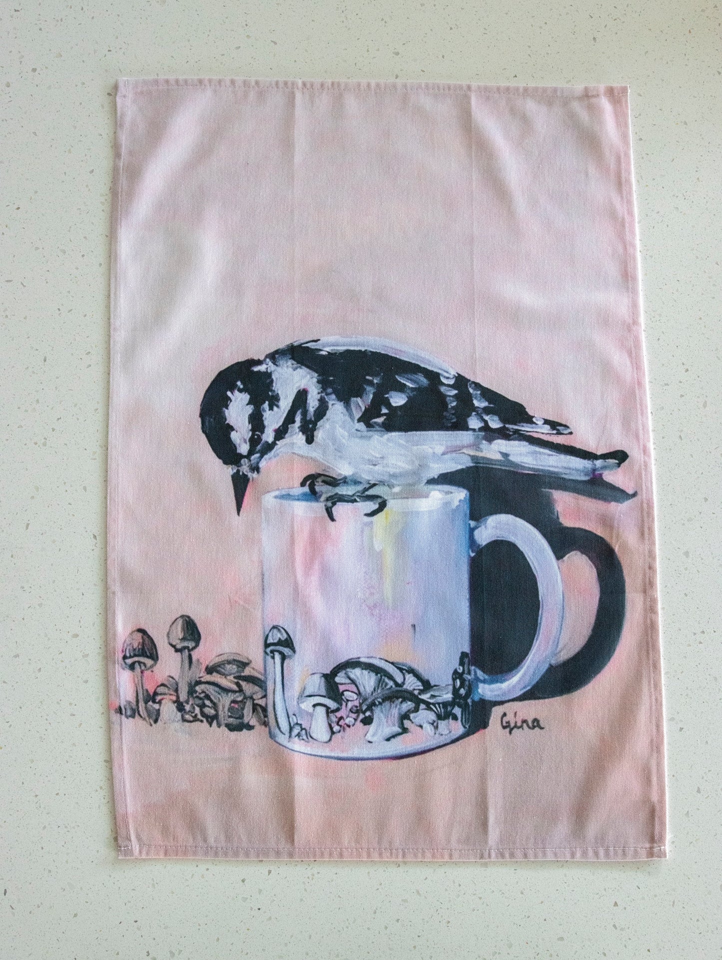 Downy Woodpecker perched on a mushroom mug — bird art tea towel by Birds on a Cup