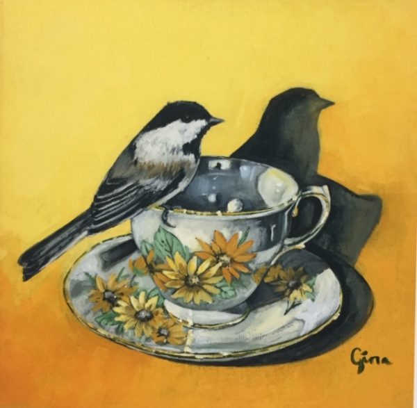 Chickadee in Floral Teacup with Yellow Background