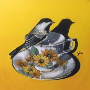Chickadee on Vintage Floral Teacup