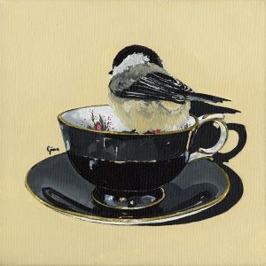 Chickadee on Vintage Black Teacup