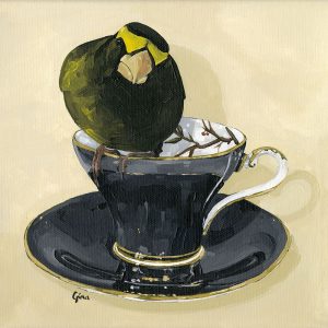 Evening-Grosbeak-On-Vintage-Gold-Rimmed-Teacup