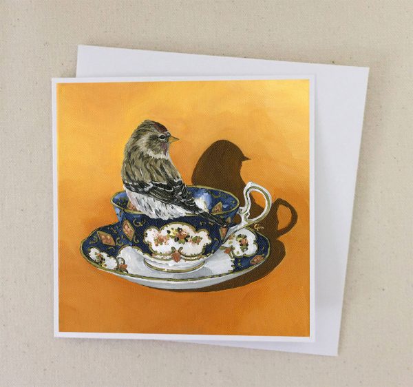 Common-Redpoll-on-Vintage-Teacup-Card